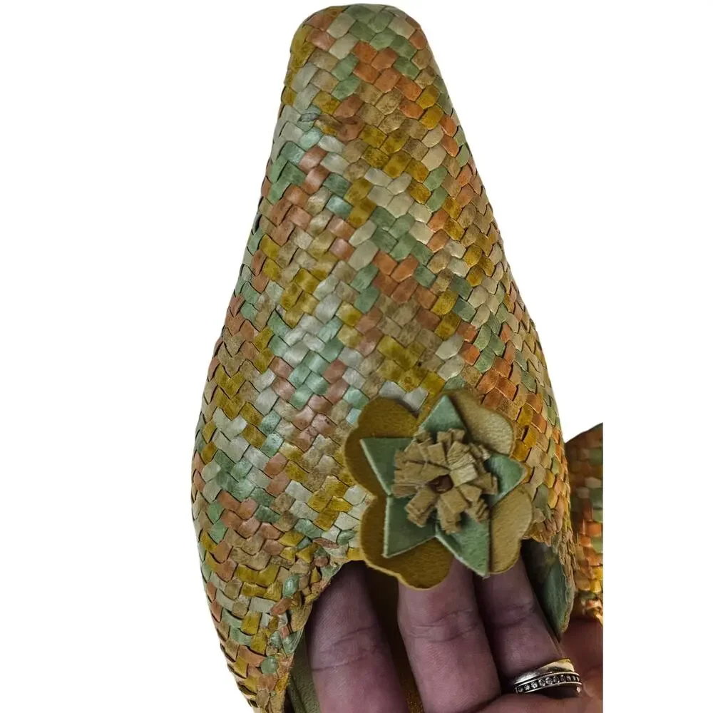 Calonge leather hand woven yellow green kitten mules Spain vintage 40 8.5 / 9